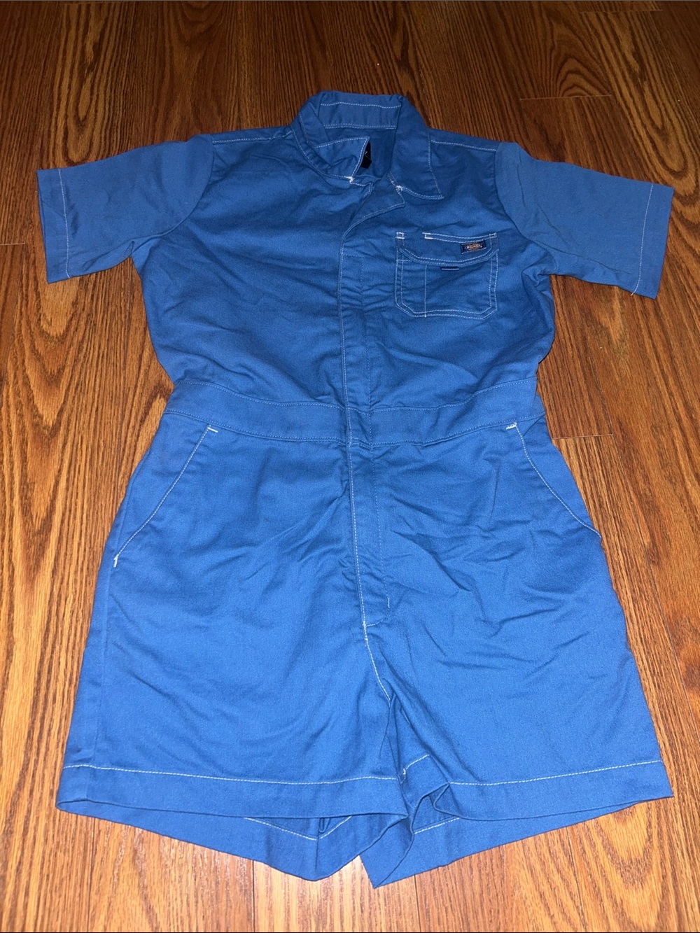 Dickies Women's Shortalls Romper Regular Fit, Short Sleeve, 2.5in Inseam, Blue M